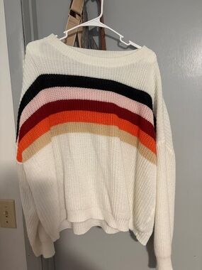 SHEIN Cream Crewneck Sweater with Black, Pink, Burgundy & Orange Stripes